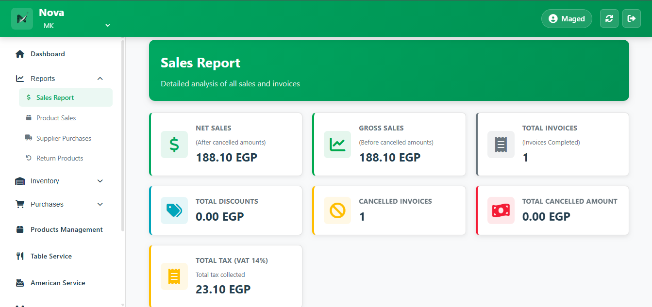 Nova POS — Reports view